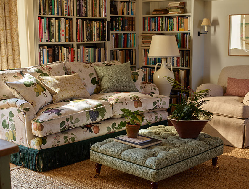 Alwinton 3 Seater Sofa in RHS Collection on Velvet William Hooker with Fringe in Sophie Bullion Viridian and Bedham Footstool in RHS Gertrude Jekyll Lattice Green